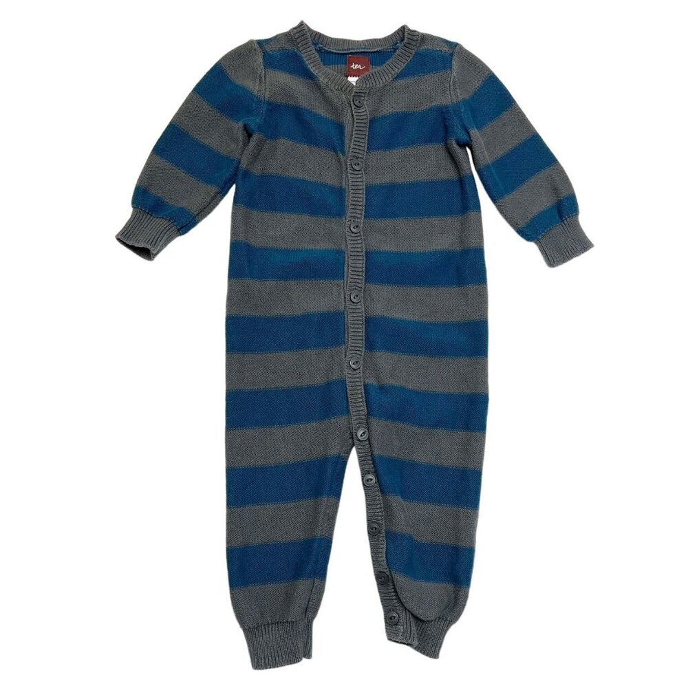 Tea Collection Gray/Blue Striped Sweater Romper (6-12m)